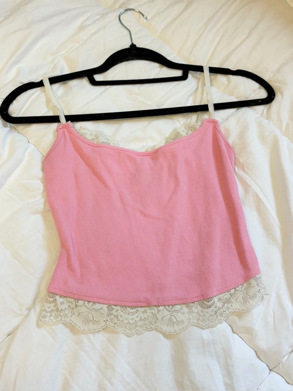 Beverly and Beck blush pink lace trim cropped tank top